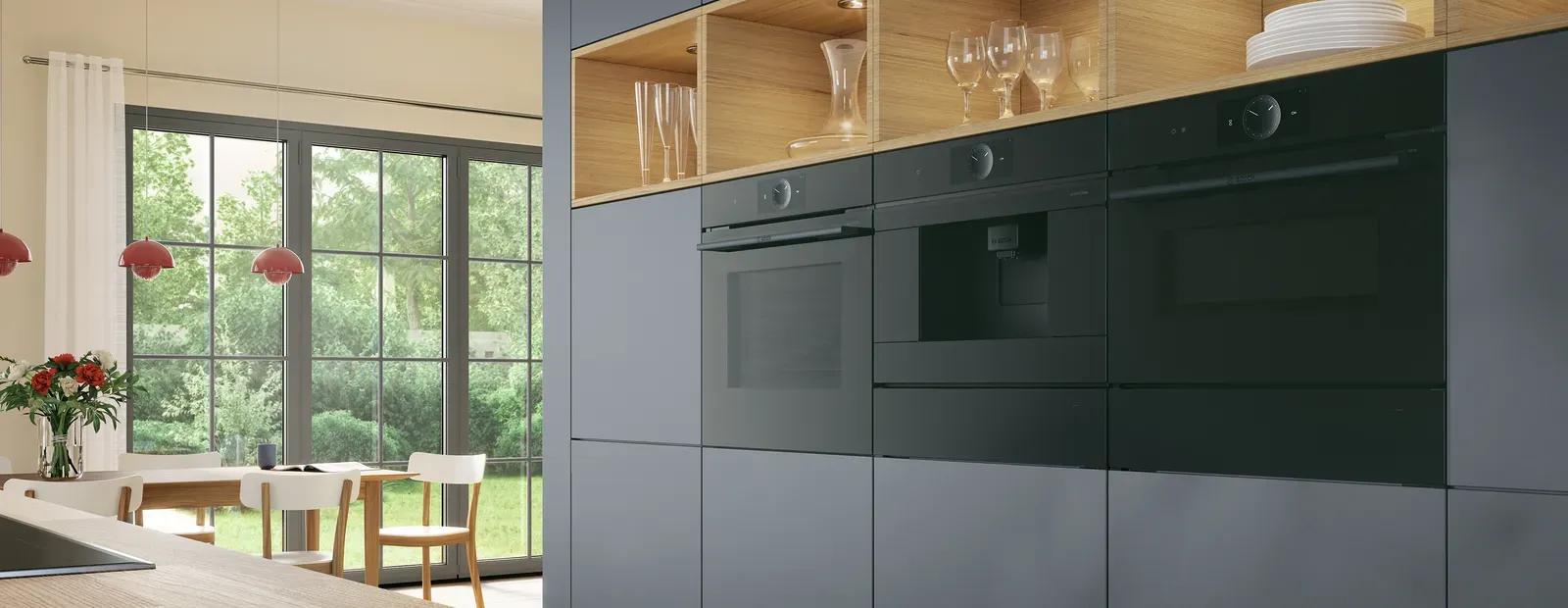 Bosch Einbaugeraete in moderner dunkelgruener Kueche