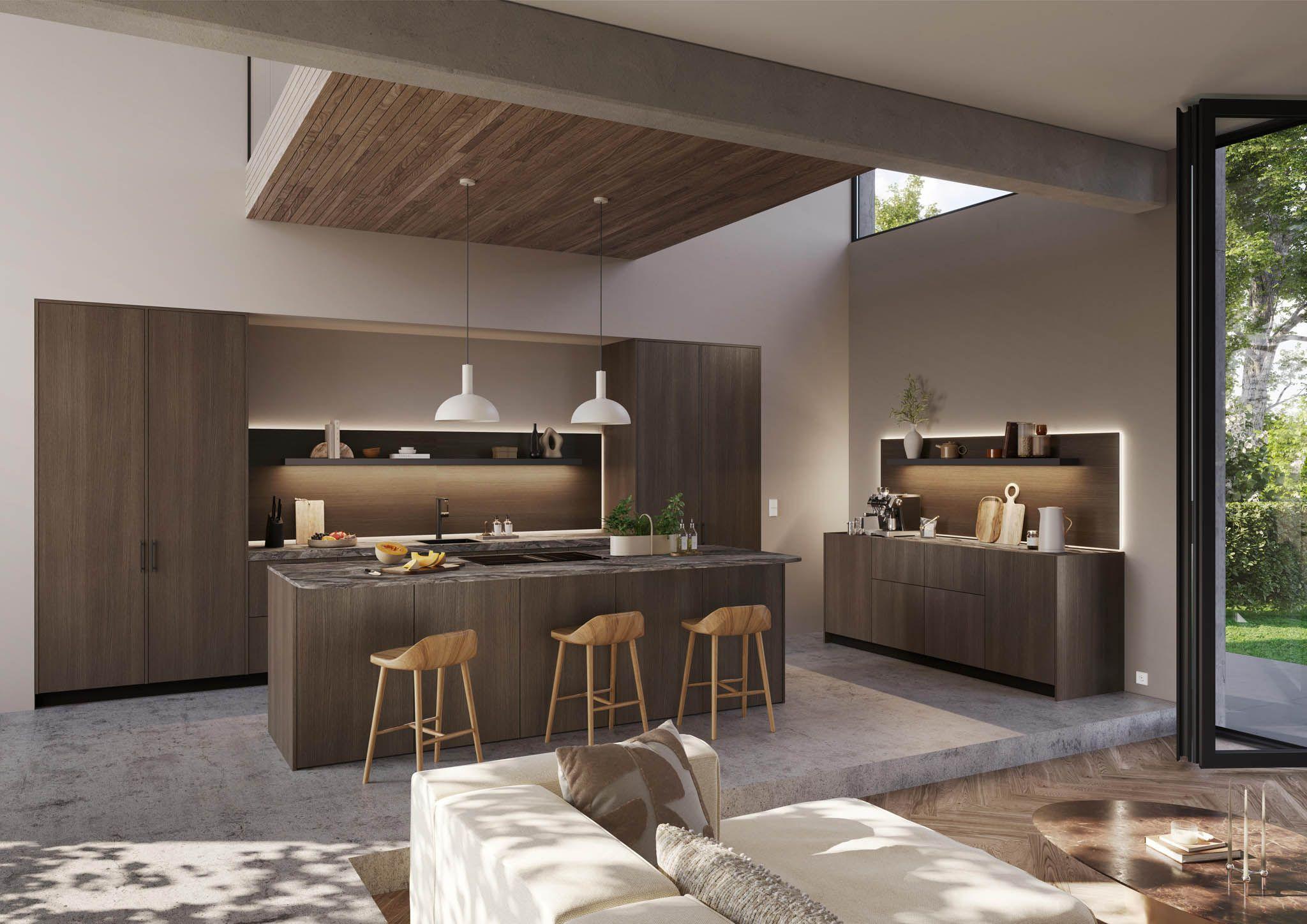 Rotpunkt Küche aus dunkler Räuchereiche mit Kochinsel, Barhockern und Wohnzimmer-Lounge